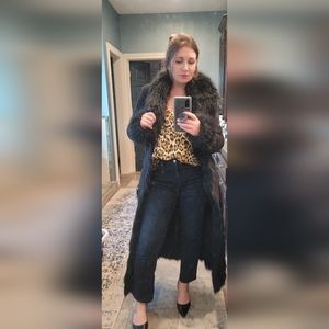 Bebe faux fur trim and suede long black coat mob wife era